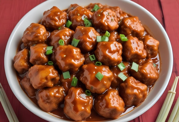 a bowl of food with meatballs and sauce on a table