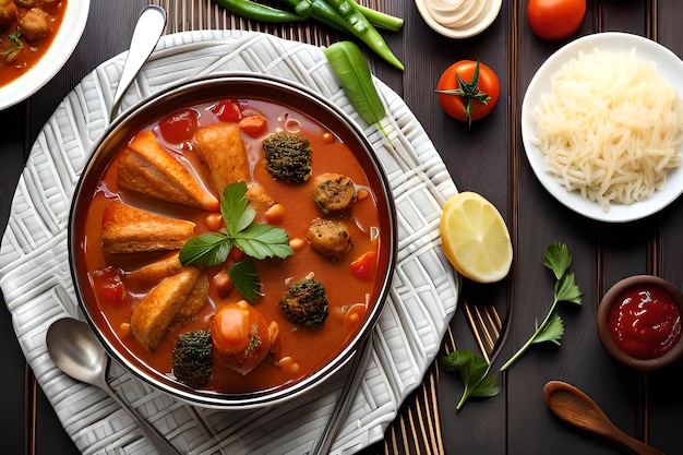 A bowl of food with meatballs and vegetables on it