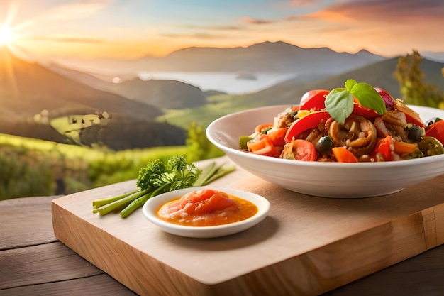 a bowl of food with a mountain in the background.