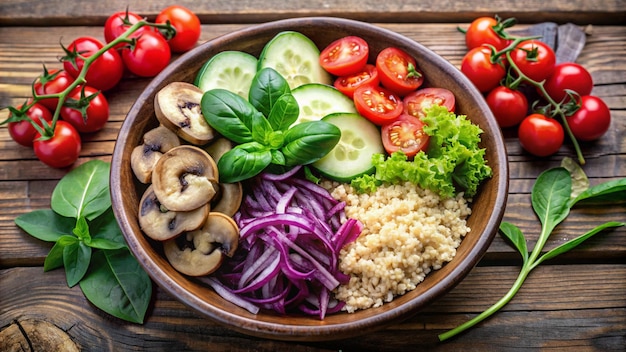 a bowl of food with mushrooms lettuce and tomatoes