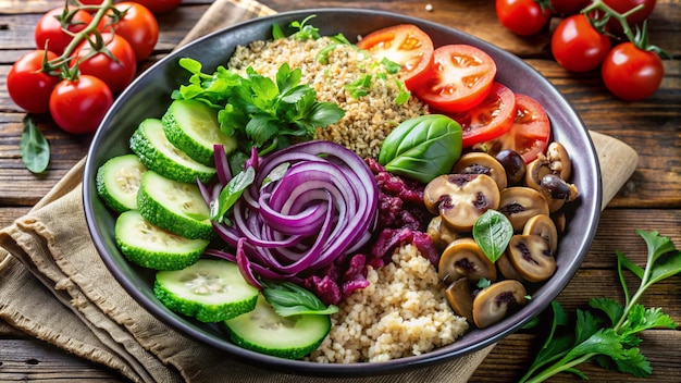 a bowl of food with mushrooms onions and red onions