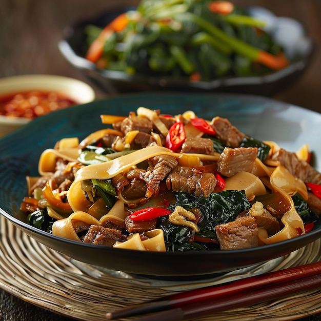 a bowl of food with noodles meat and vegetables