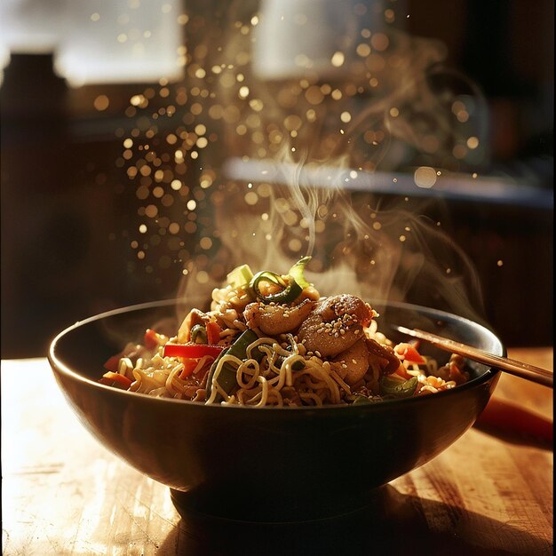 a bowl of food with noodles and vegetables on it