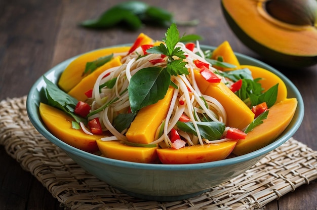 Photo a bowl of food with noodles and vegetables on a table