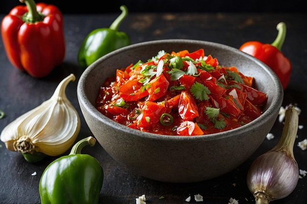 a bowl of food with peppers and onions on a table