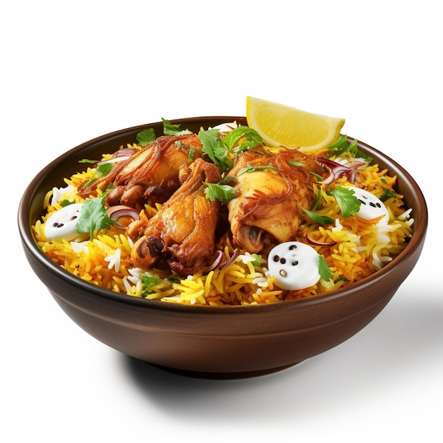 A bowl of food with a picture of a chicken and rice with a slice of lemon on the top.