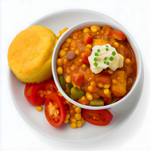 A bowl of food with a piece of bread on it and a piece of bread on the side.