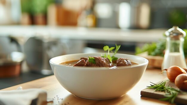 a bowl of food with a piece of wood in the background