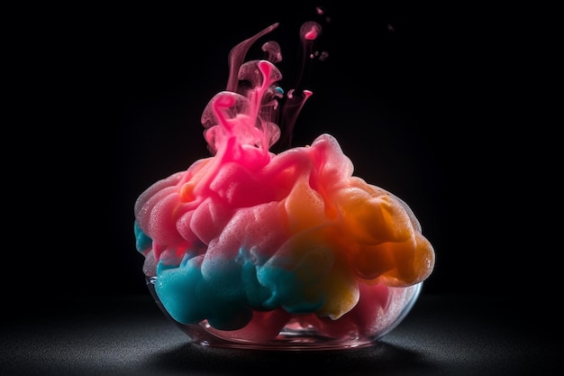 A bowl of food with a pink and blue liquid in it