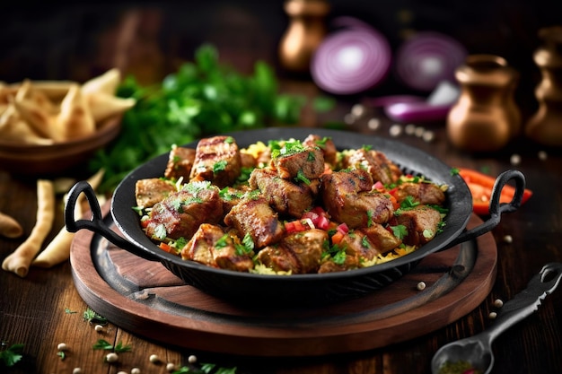 A bowl of food with a plate of beef and rice on a wooden table.