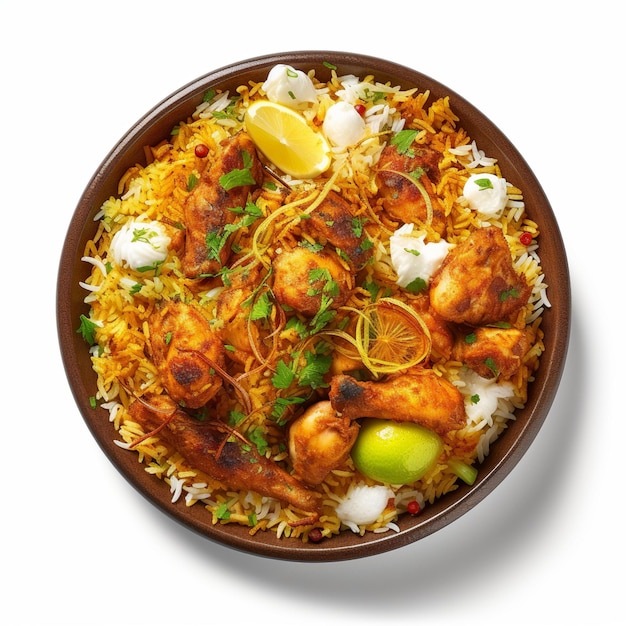 A bowl of food with a plate of chicken biryani.