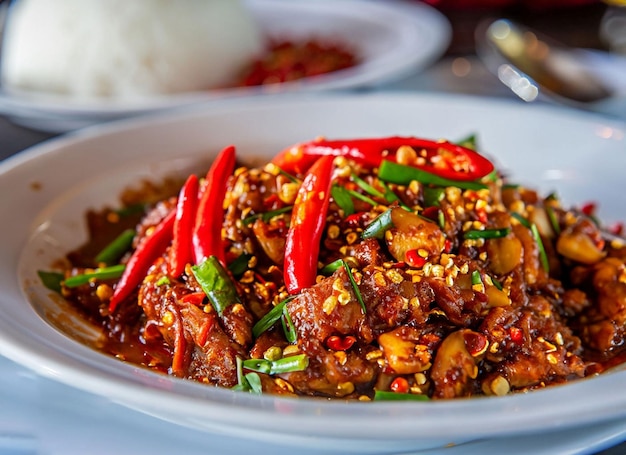 A bowl of food with red chili peppers and green chili peppers.