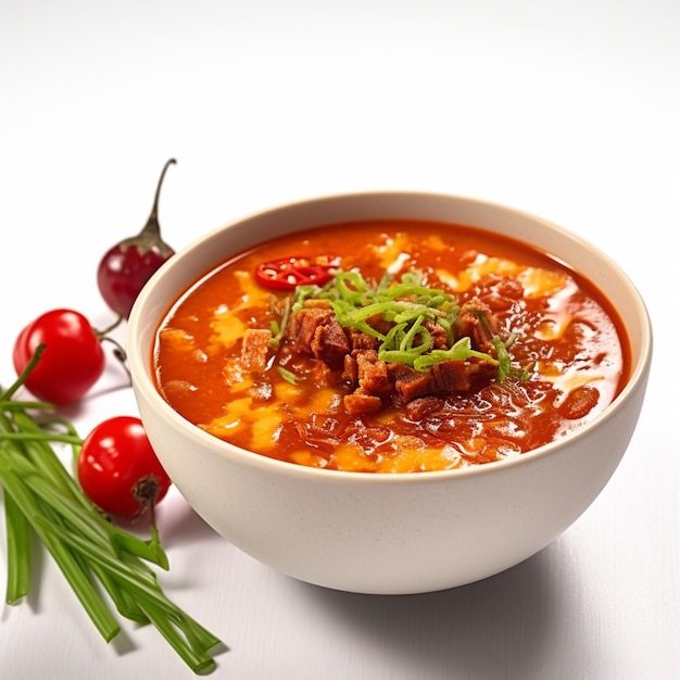 A bowl of food with a red and green garnish on the side.