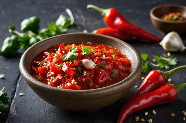 a bowl of food with a red pepper and a bowl of chili