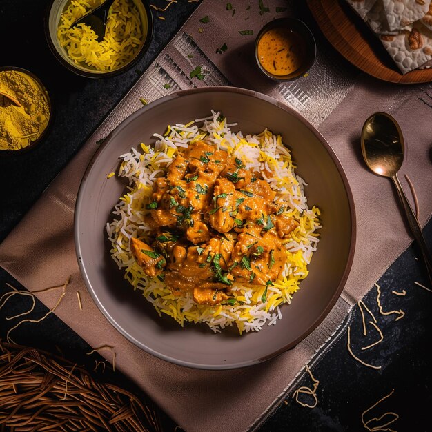 Photo a bowl of food with rice and chicken in it