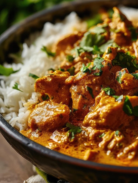 Photo a bowl of food with rice and chicken in it