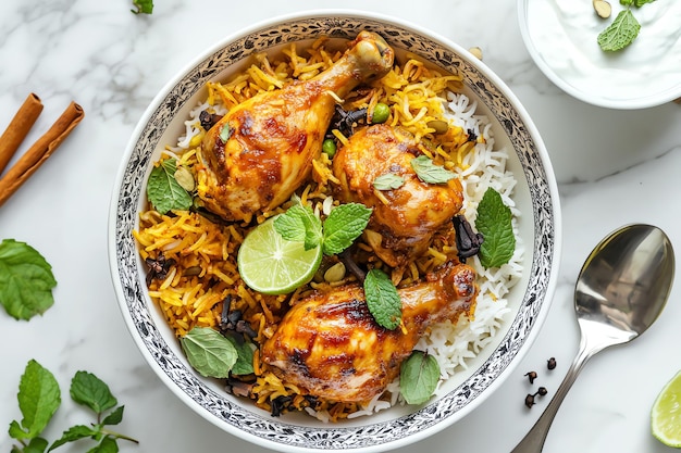 Photo a bowl of food with rice chicken and rice