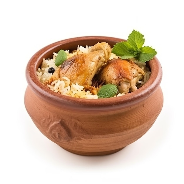 A bowl of food with rice and a green leaf on the side.