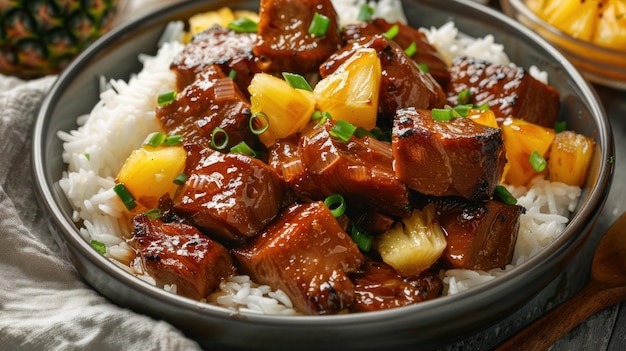 a bowl of food with rice and mango on top of it