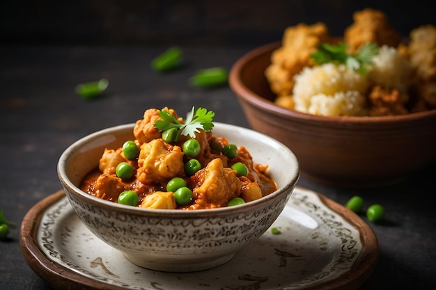 Photo a bowl of food with rice and peas on a table