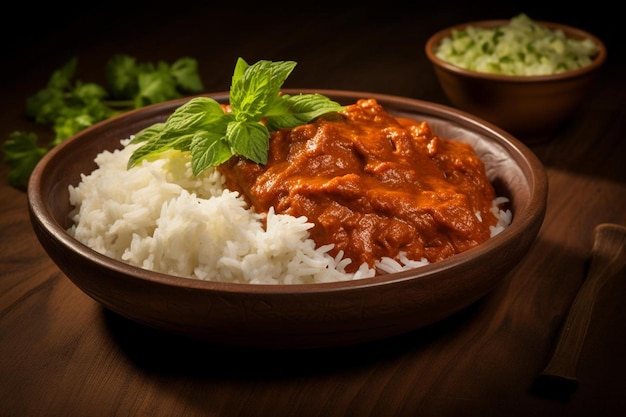 a bowl of food with rice and a sauce of parsley