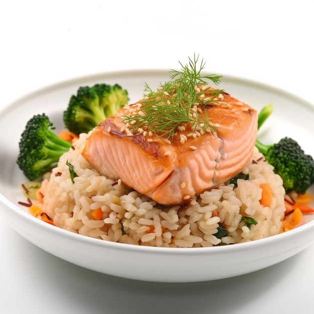 A bowl of food with a salmon on it and broccoli isolated in white background