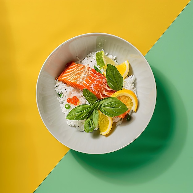 Photo a bowl of food with salmon and mint leaves on it