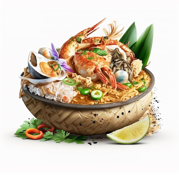 A bowl of food with shrimps and shrimps on it