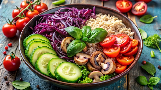 a bowl of food with sliced vegetables and some sliced cucumber