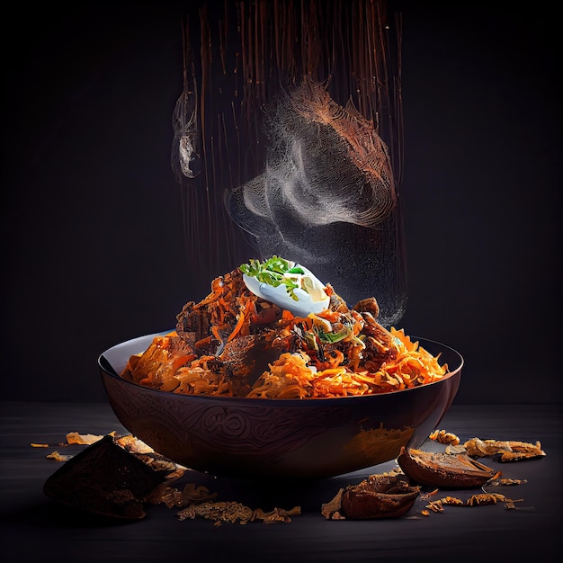 A bowl of food with smoke coming out of it