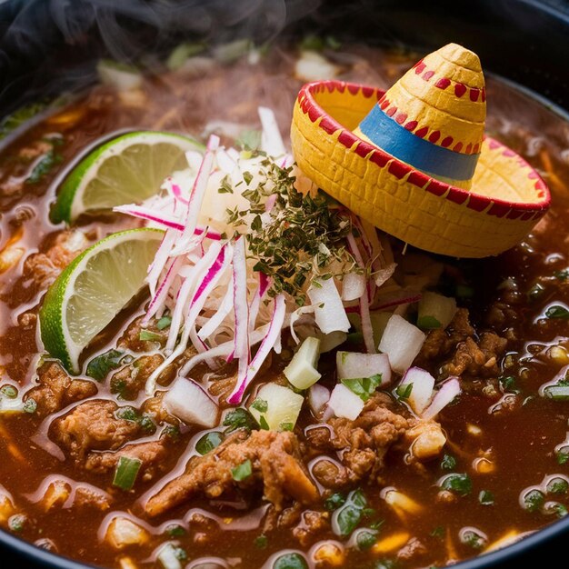 a bowl of food with a sombrero and a small cup of chili