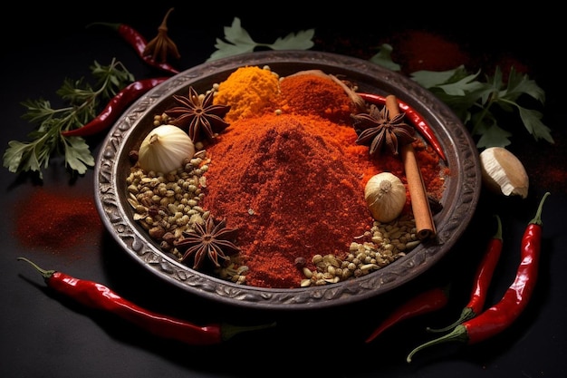 a bowl of food with spices and herbs on it.