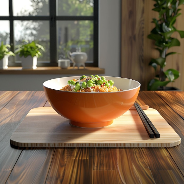 a bowl of food with a spoon and a knife on a table