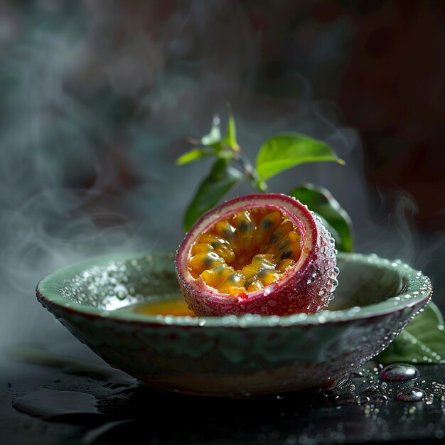 a bowl of food with a spoon and a leaf that says  fruit