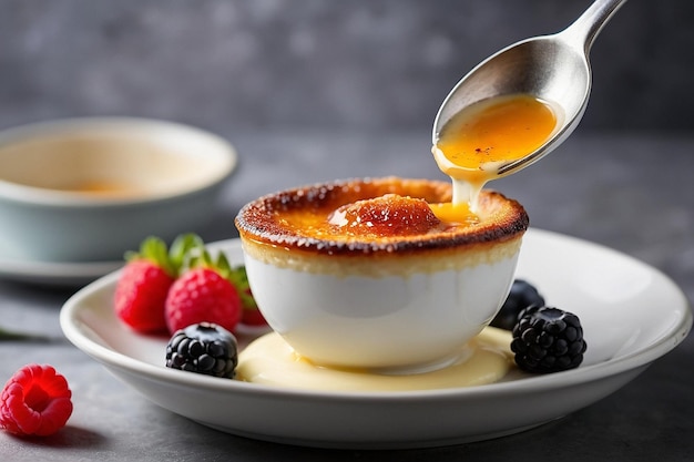 Photo a bowl of food with a spoon that has a spoon in it