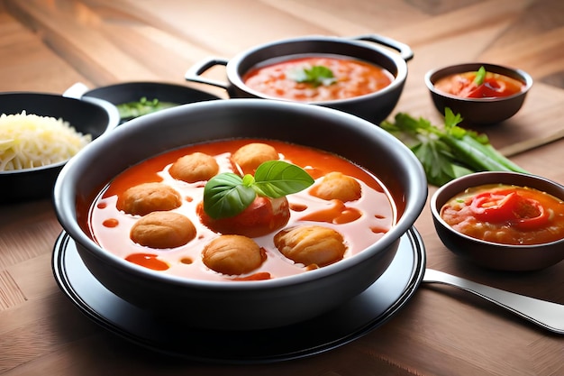 A bowl of food with a spoonful of tomato soup and a bowl of tomato soup.