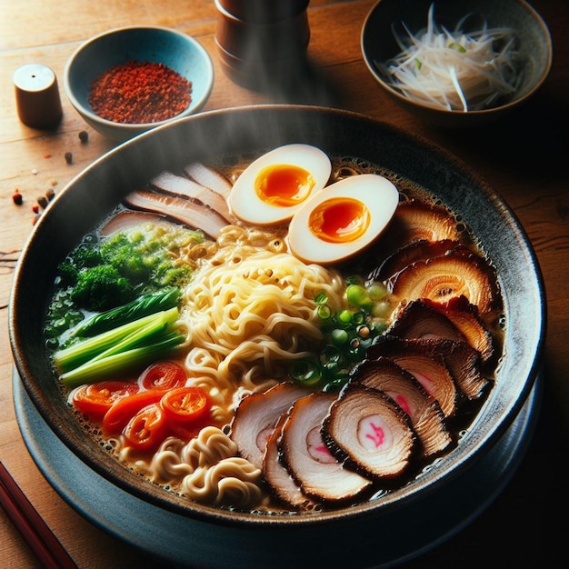 a bowl of food with a sticker that says egg and noodles