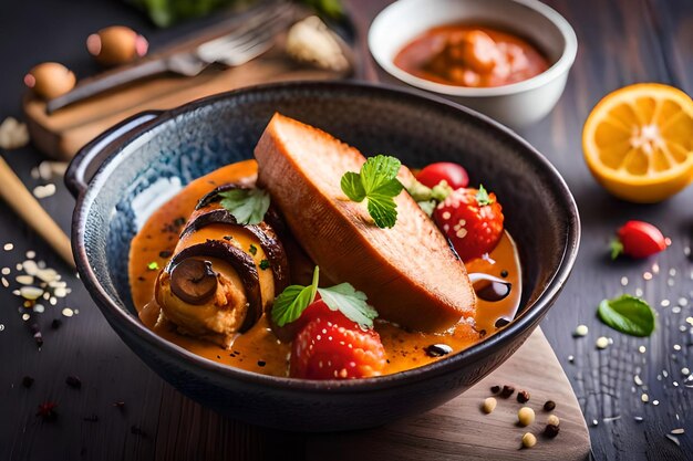 Photo a bowl of food with strawberries and a slice of bread