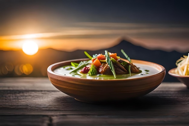 a bowl of food with a sunset in the background