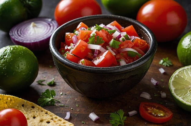 Photo a bowl of food with tomatoes and onions on a table