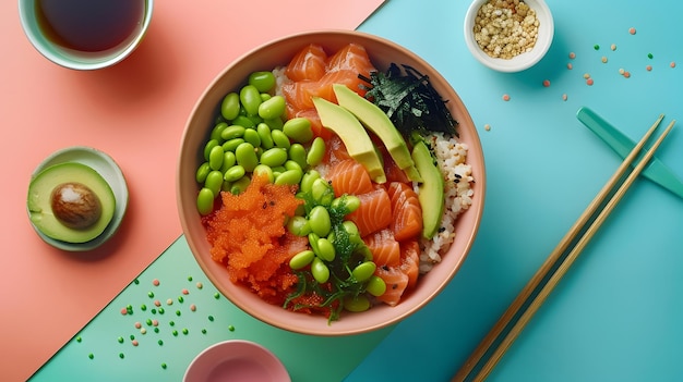 Photo a bowl of food with a variety of foods including salmon rice and vegetables