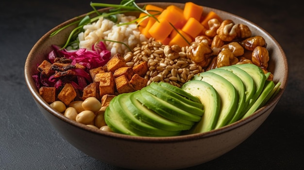 A bowl of food with a variety of ingredients including cauliflower avocado and chickpeas