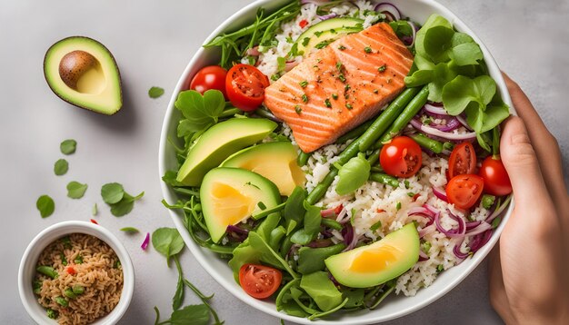 a bowl of food with a variety of vegetables including salmon avocado and avocado