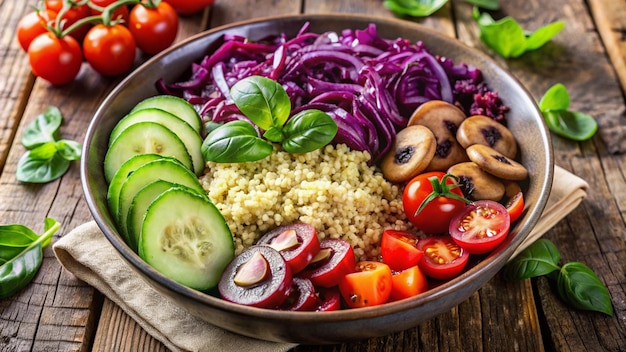 Photo a bowl of food with vegetables and red onions on it