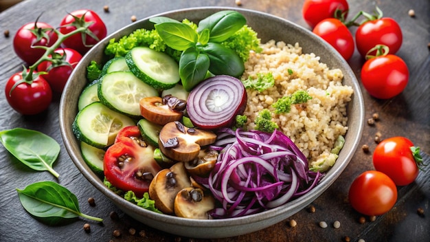 a bowl of food with vegetables and rice on it