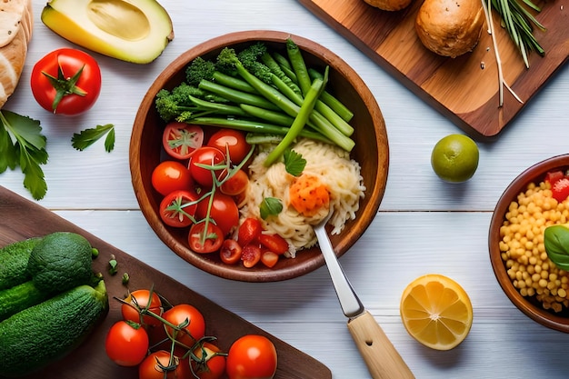 a bowl of food with vegetables and rice and vegetables on a table.