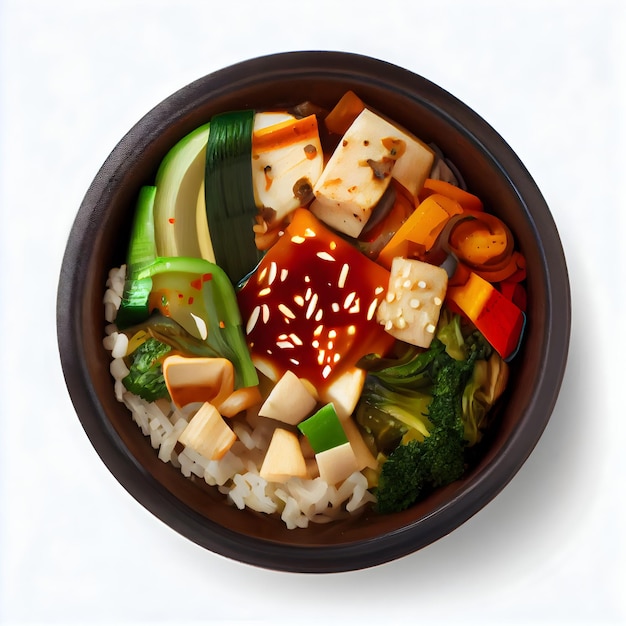 A bowl of food with the word tofu on it