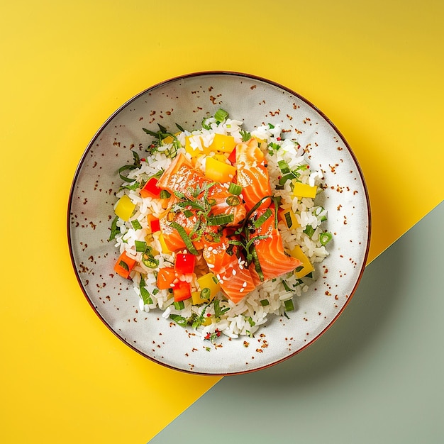 Photo a bowl of food with a yellow background with a white plate of food on it