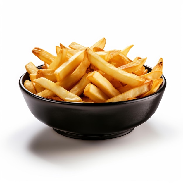 a bowl of french fries is shown with a black bowl