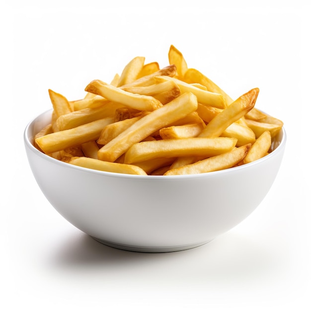 a bowl of french fries is shown with a white bowl